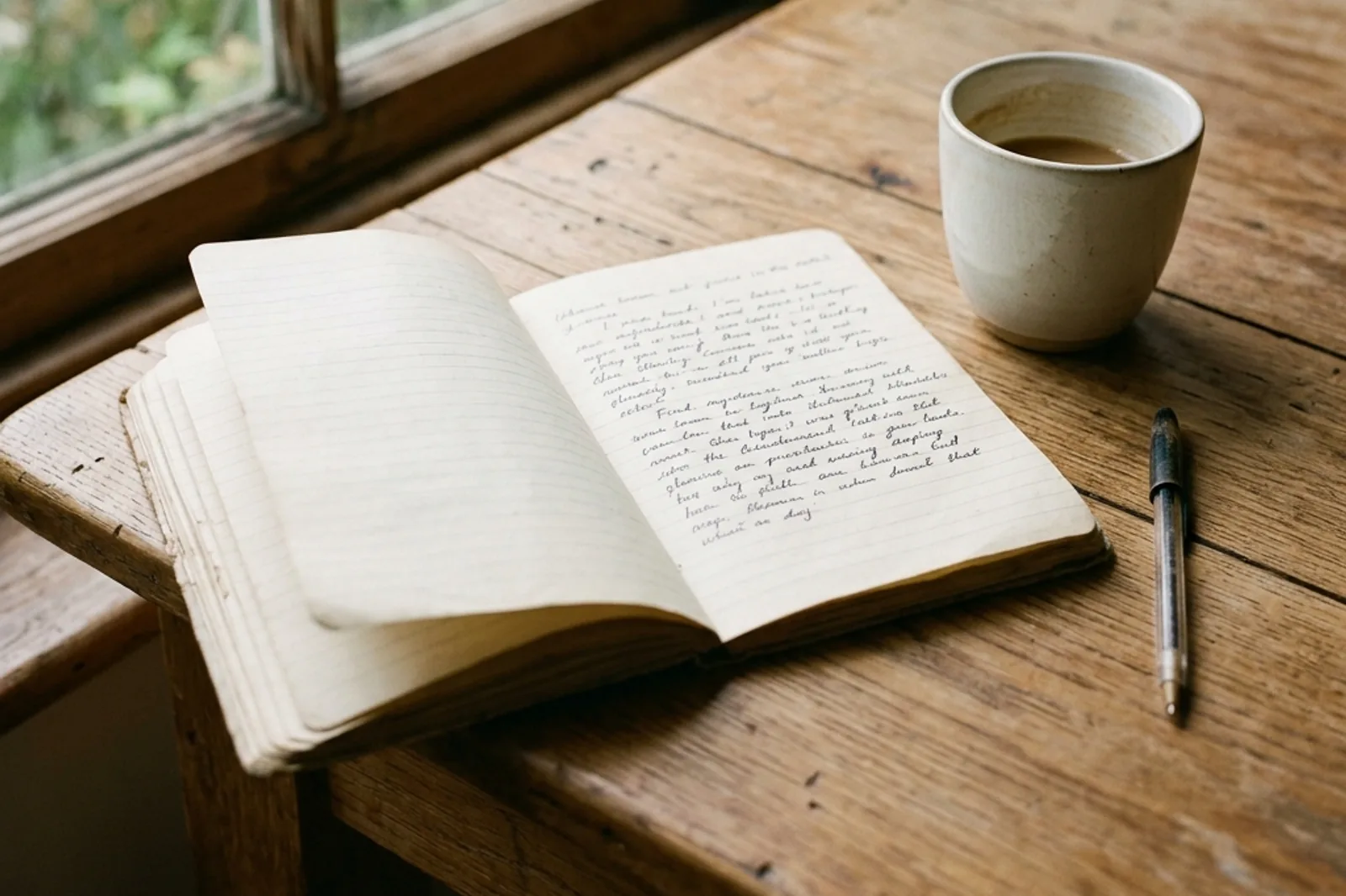 An open notebook and a cup of tea resting on a quiet wooden reading table.